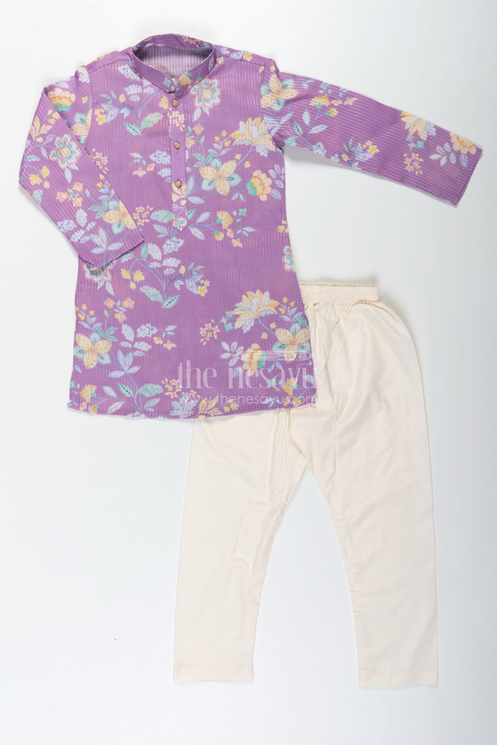The Nesavu Boys Kurtha Set Boys Purple Kurta Pajama in Cotton Blend with Floral Digital Print and Cream Bottom Nesavu 20 (3Y) / Purple BES683A-20 Boys Purple Kurta Pajama Set Floral Digital Print Cream Contrast Pants | The Nesavu
