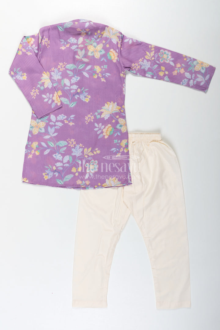 The Nesavu Boys Kurtha Set Boys Purple Kurta Pajama in Cotton Blend with Floral Digital Print and Cream Bottom Nesavu Boys Purple Kurta Pajama Set Floral Digital Print Cream Contrast Pants | The Nesavu