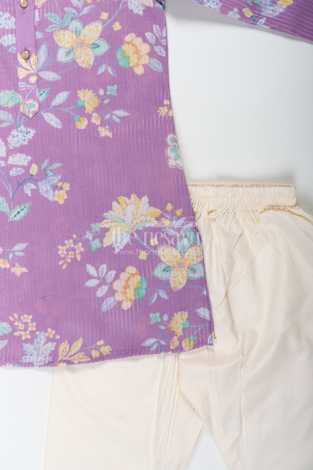 The Nesavu Boys Kurtha Set Boys Purple Kurta Pajama in Cotton Blend with Floral Digital Print and Cream Bottom Nesavu Boys Purple Kurta Pajama Set Floral Digital Print Cream Contrast Pants | The Nesavu