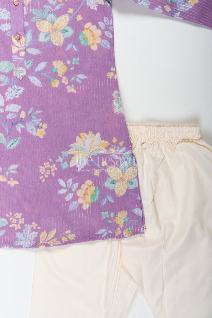 The Nesavu Boys Kurtha Set Boys Purple Kurta Pajama in Cotton Blend with Floral Digital Print and Cream Bottom Nesavu Boys Purple Kurta Pajama Set Floral Digital Print Cream Contrast Pants | The Nesavu