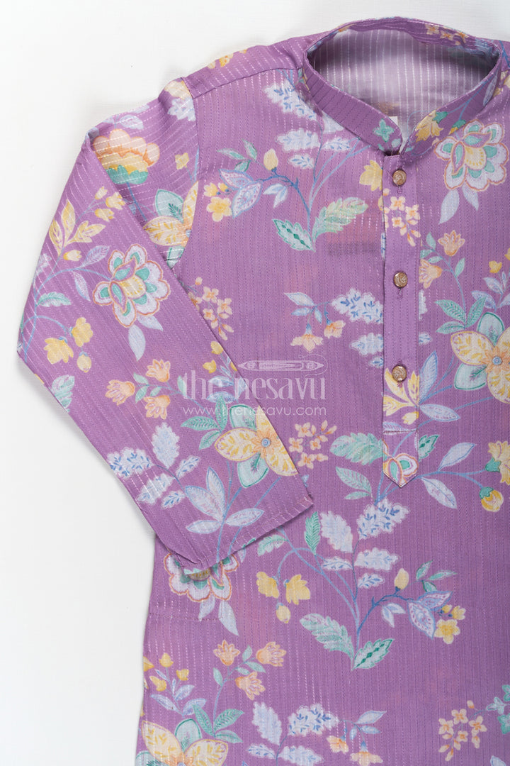 The Nesavu Boys Kurtha Set Boys Purple Kurta Pajama in Cotton Blend with Floral Digital Print and Cream Bottom Nesavu Boys Purple Kurta Pajama Set Floral Digital Print Cream Contrast Pants | The Nesavu