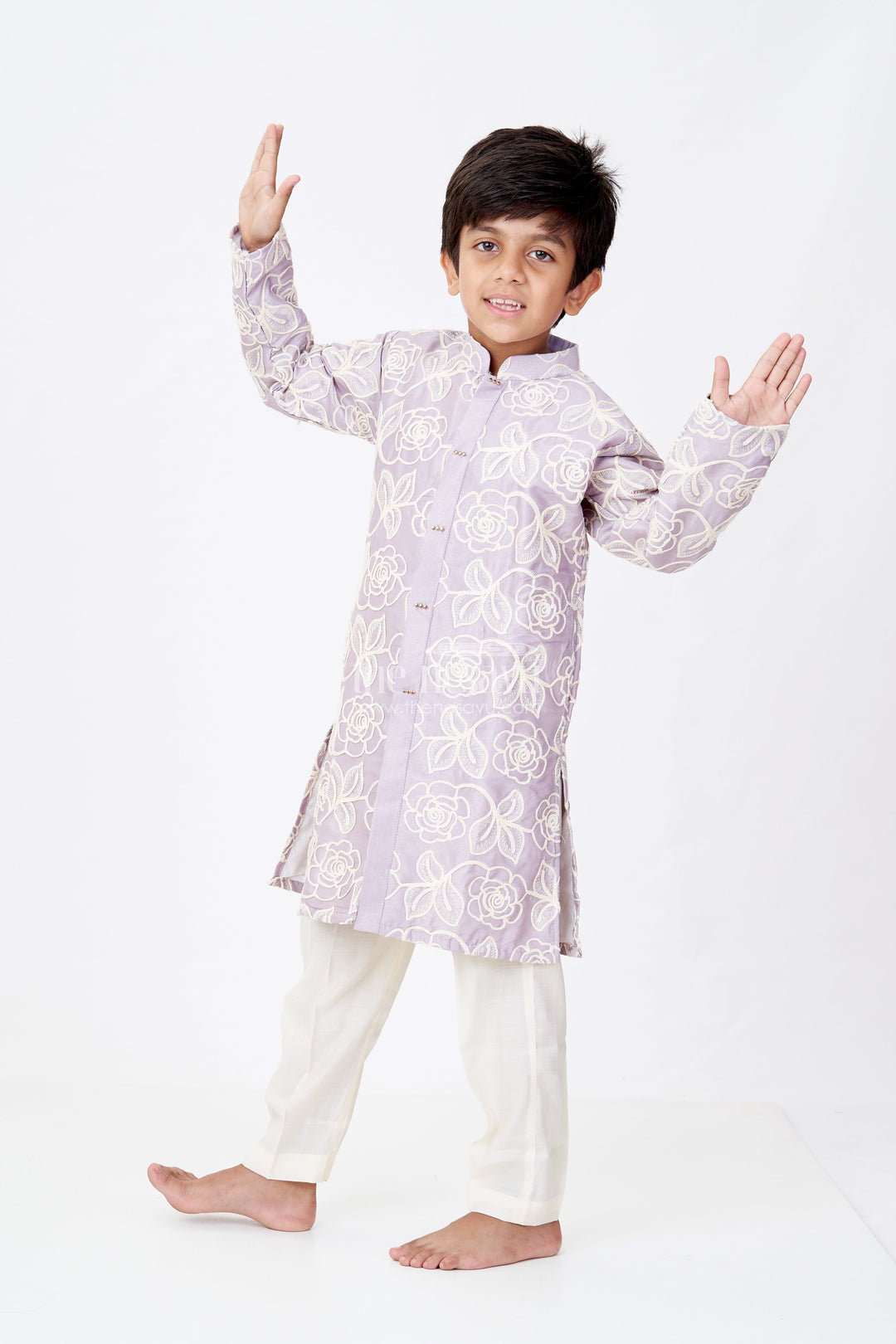 The Nesavu Boys Kurtha Set Boys Purple Kurtha in Silk Blend with Designer Embroidery and Elegant Traditional Look Nesavu 14 (6M) / Purple BES645A-14 Boys Purple Kurtha Silk Blend Designer Embroidery Traditional Charm | The Nesavu
