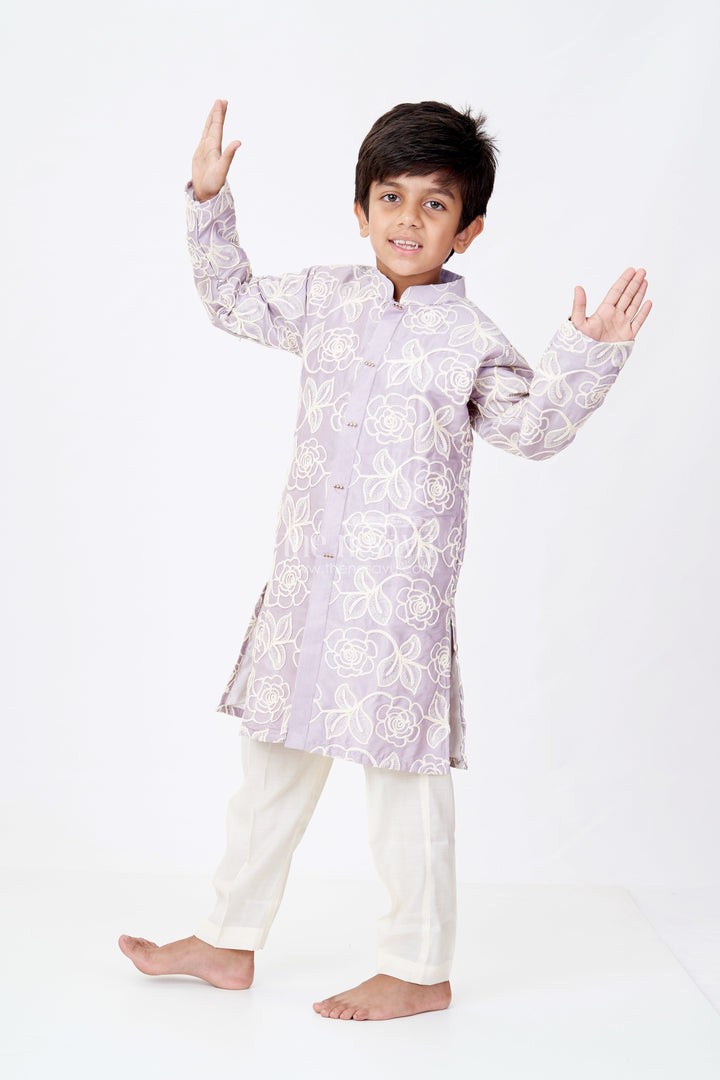 The Nesavu Boys Kurtha Set Boys Purple Kurtha in Silk Blend with Designer Embroidery and Elegant Traditional Look Nesavu 14 (6M) / Purple BES645A-14 Boys Purple Kurtha Silk Blend Designer Embroidery Traditional Charm | The Nesavu