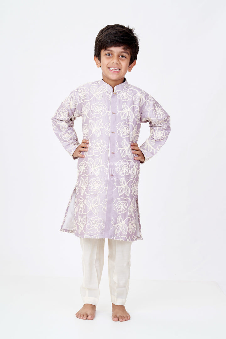 The Nesavu Boys Kurtha Set Boys Purple Kurtha in Silk Blend with Designer Embroidery and Elegant Traditional Look Nesavu Boys Purple Kurtha Silk Blend Designer Embroidery Traditional Charm | The Nesavu