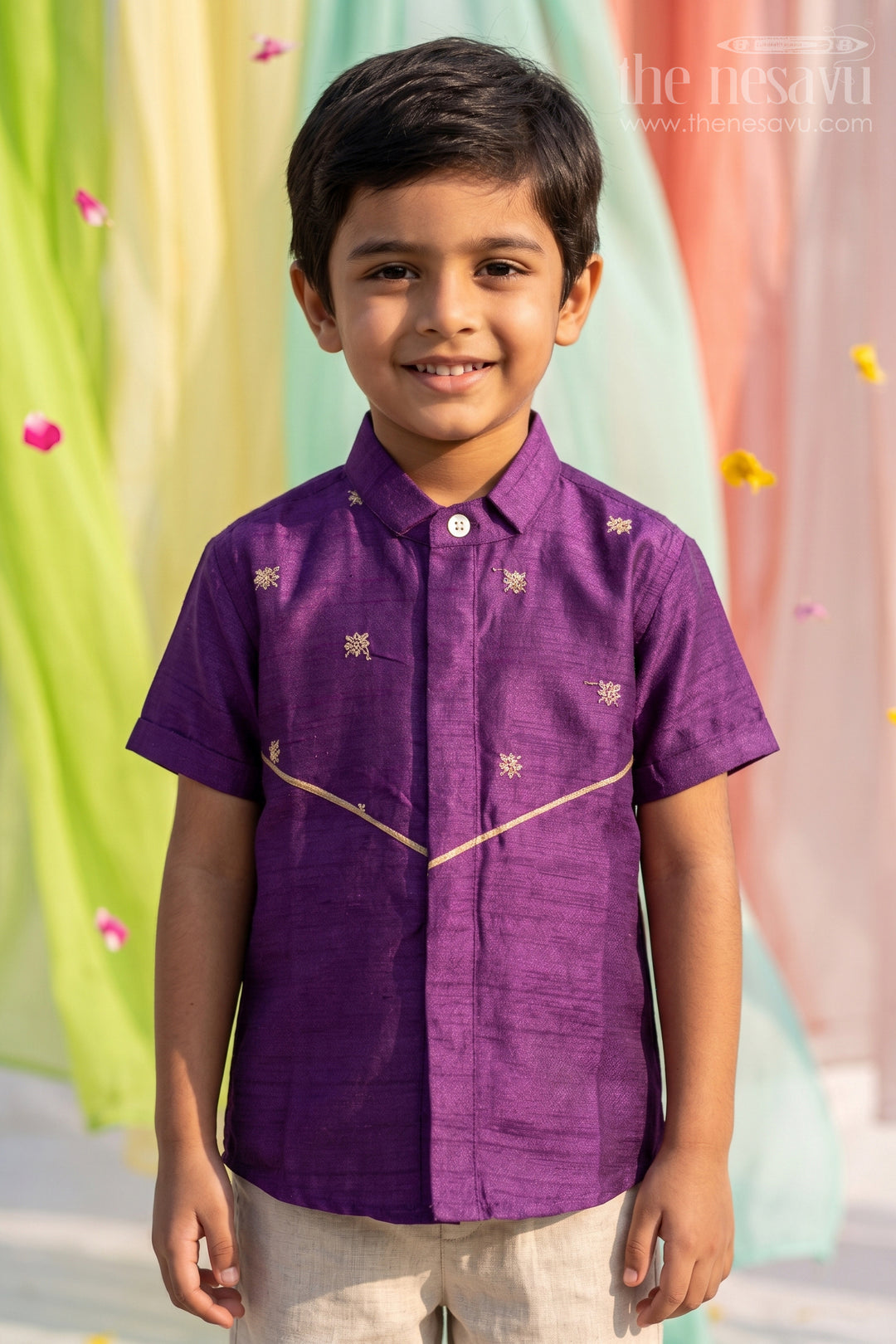 The Nesavu Boys Silk Shirt Boys Purple Silk Shirt for Wedding Functions and Festive Styling Nesavu 16 (1Y) / Purple / Raw Silk BS490A-16 Nesavu Boys Purple Raw Silk Shirt For Weddings And Festive Occasions Short Sleeve Ethnic Wear