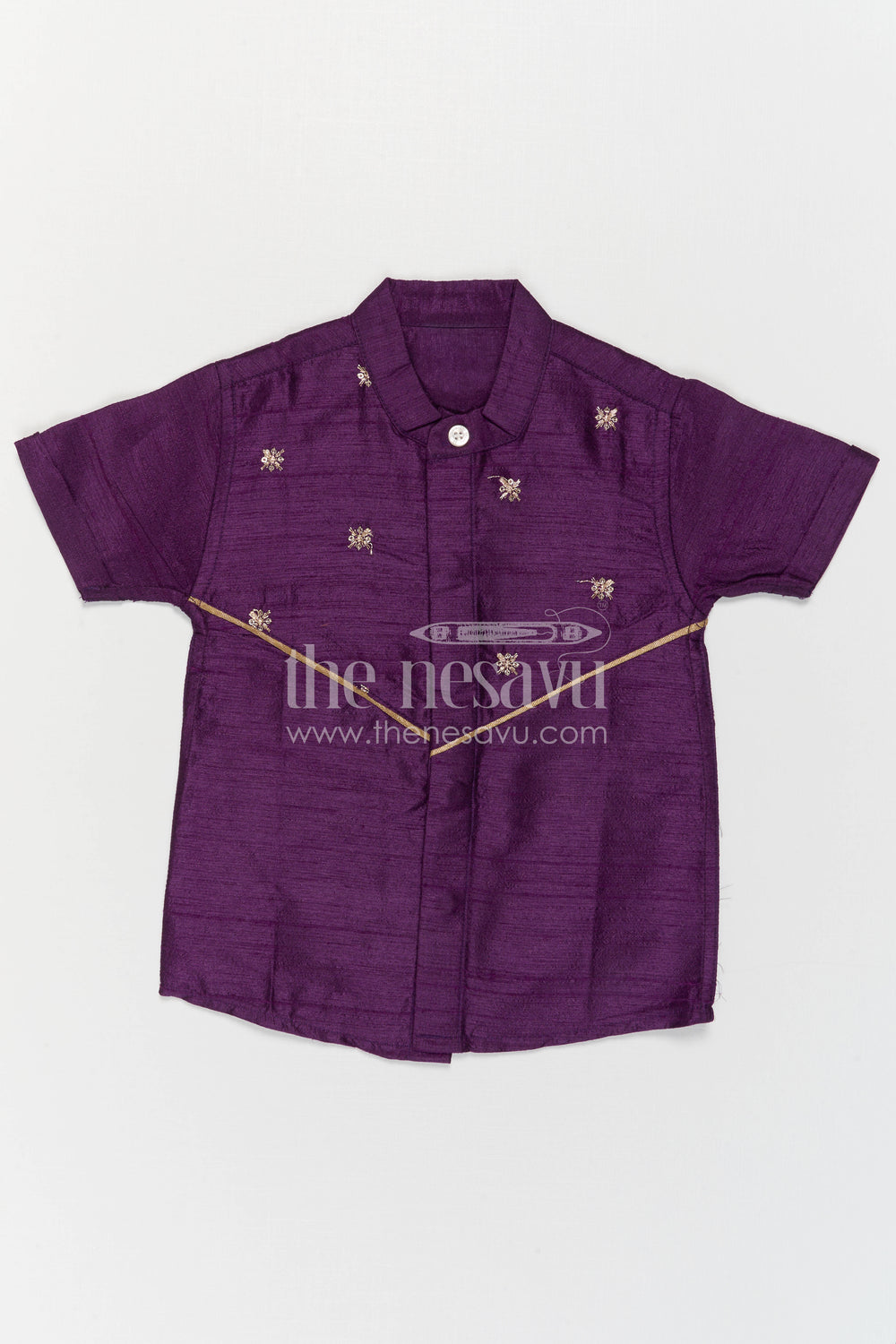 The Nesavu Boys Silk Shirt Boys Purple Silk Shirt for Wedding Functions and Festive Styling Nesavu Nesavu Boys Purple Raw Silk Shirt For Weddings And Festive Occasions Short Sleeve Ethnic Wear