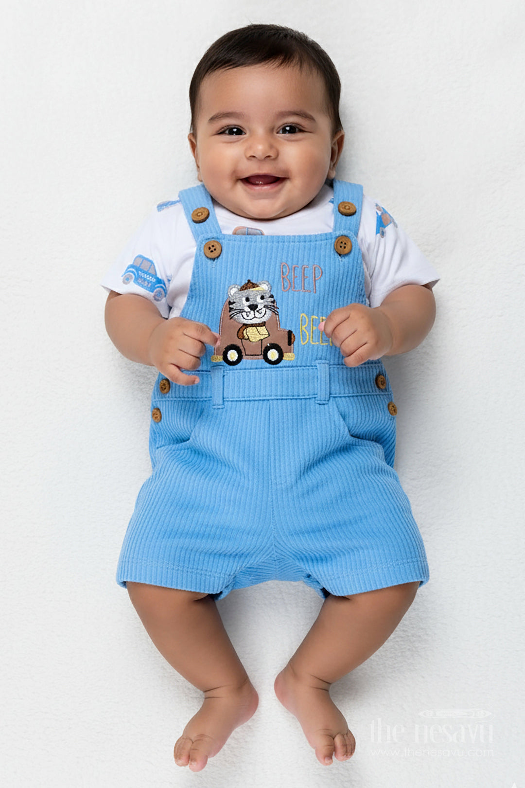 The Nesavu Boys Casual Set Boys Race Car Design Romper Set in Corduroy with Blue Overalls and Embellished Car Patch for Little Racers Nesavu 14 (6M) / Blue BCS290A-14 Nesavu Boys Race Car Design Romper Set Cotton Corduroy Blue Overalls Car Patch Embellishment