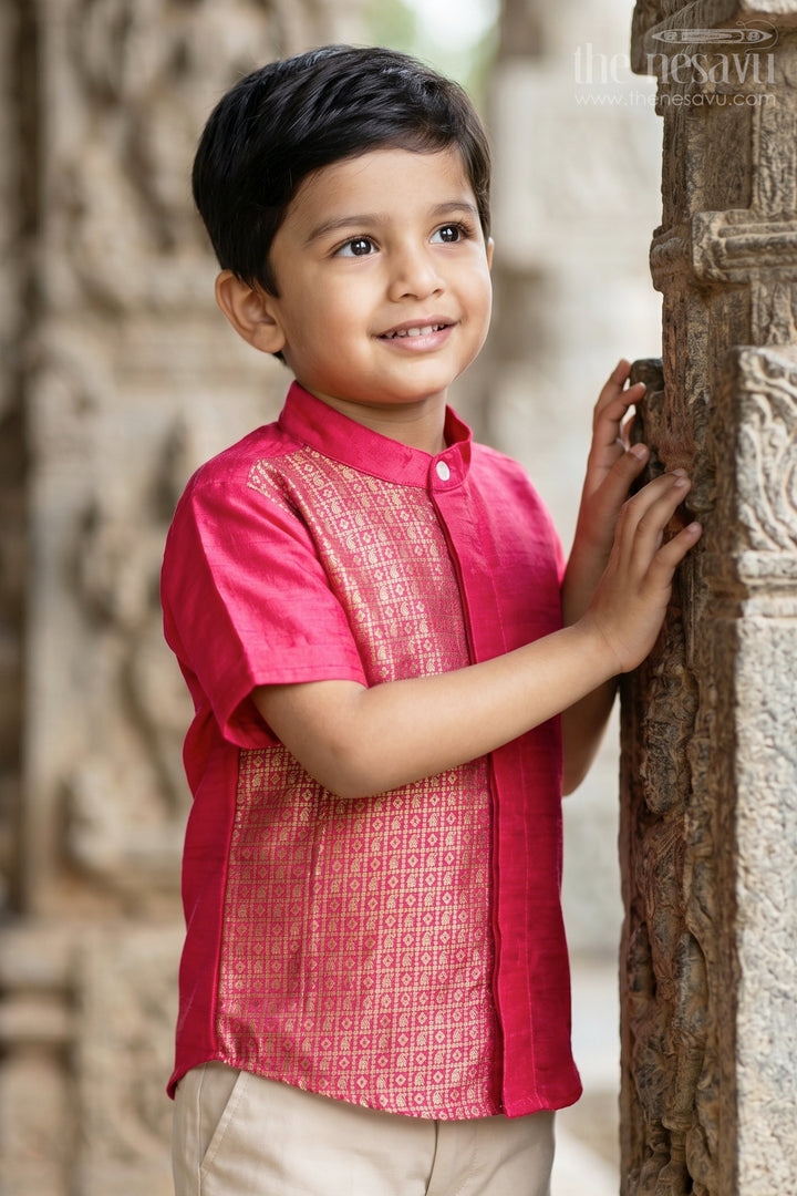 The Nesavu Boys Silk Shirt Boys Raw Silk Shirt for Cultural Events and Festive Celebrations Nesavu 16 (1Y) / Red / Raw Silk BS524A-16 Nesavu Boys Raw Silk Shirt With Designer Jacquard Panel For Festive And Cultural Occasions