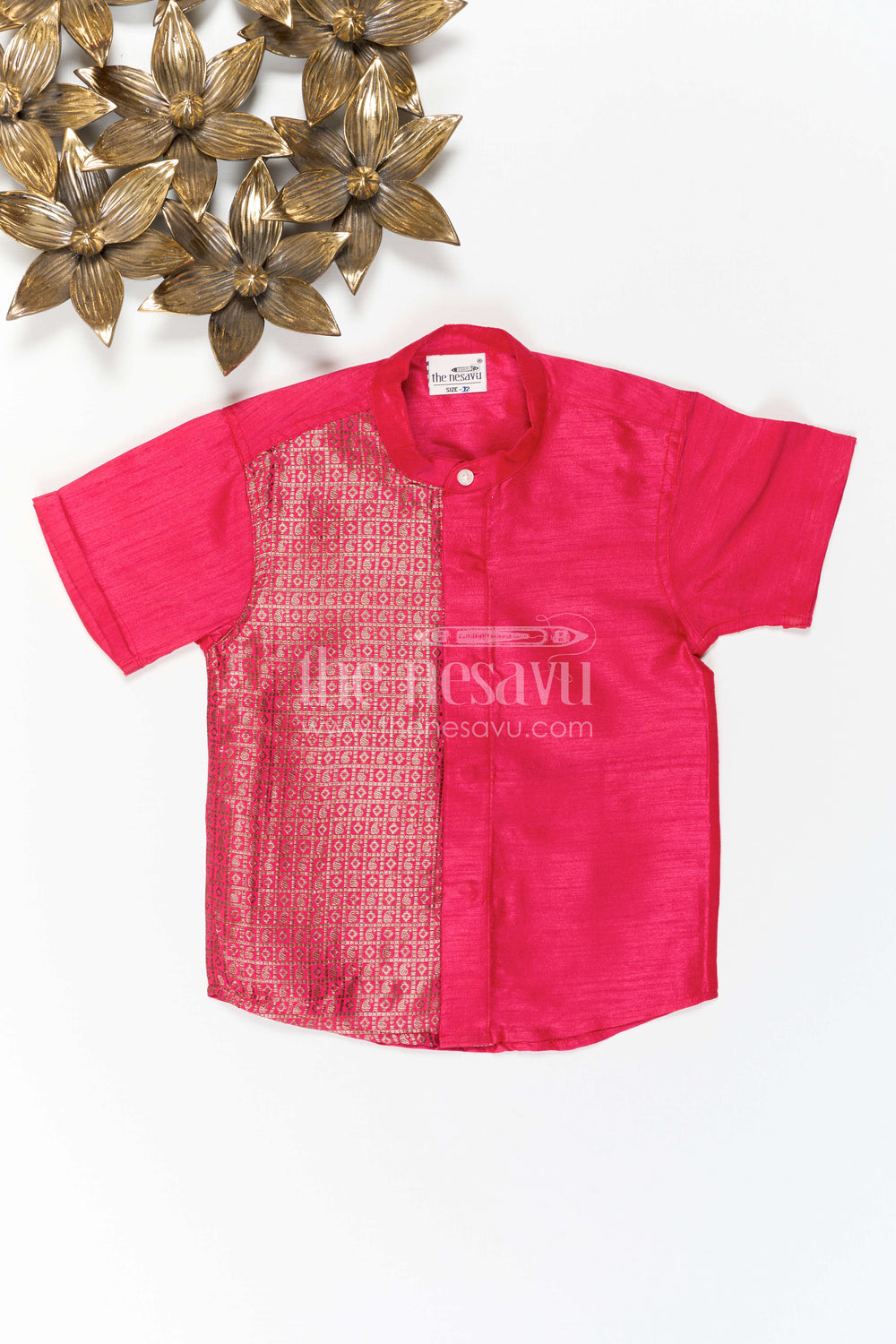 The Nesavu Boys Silk Shirt Boys Raw Silk Shirt for Cultural Events and Festive Celebrations Nesavu Nesavu Boys Raw Silk Shirt With Designer Jacquard Panel For Festive And Cultural Occasions