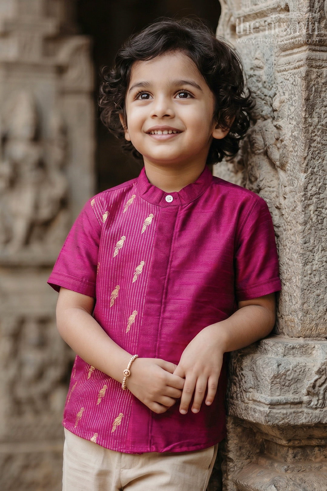 The Nesavu Boys Silk Shirt Boys Raw Silk Shirt for Festive Celebrations and Traditional Photoshoots Nesavu 16 (1Y) / Pink / Raw Silk BS520A-16 Nesavu Boys Raw Silk Shirt With Bird Motif Jacquard Panel For Festive Celebrations
