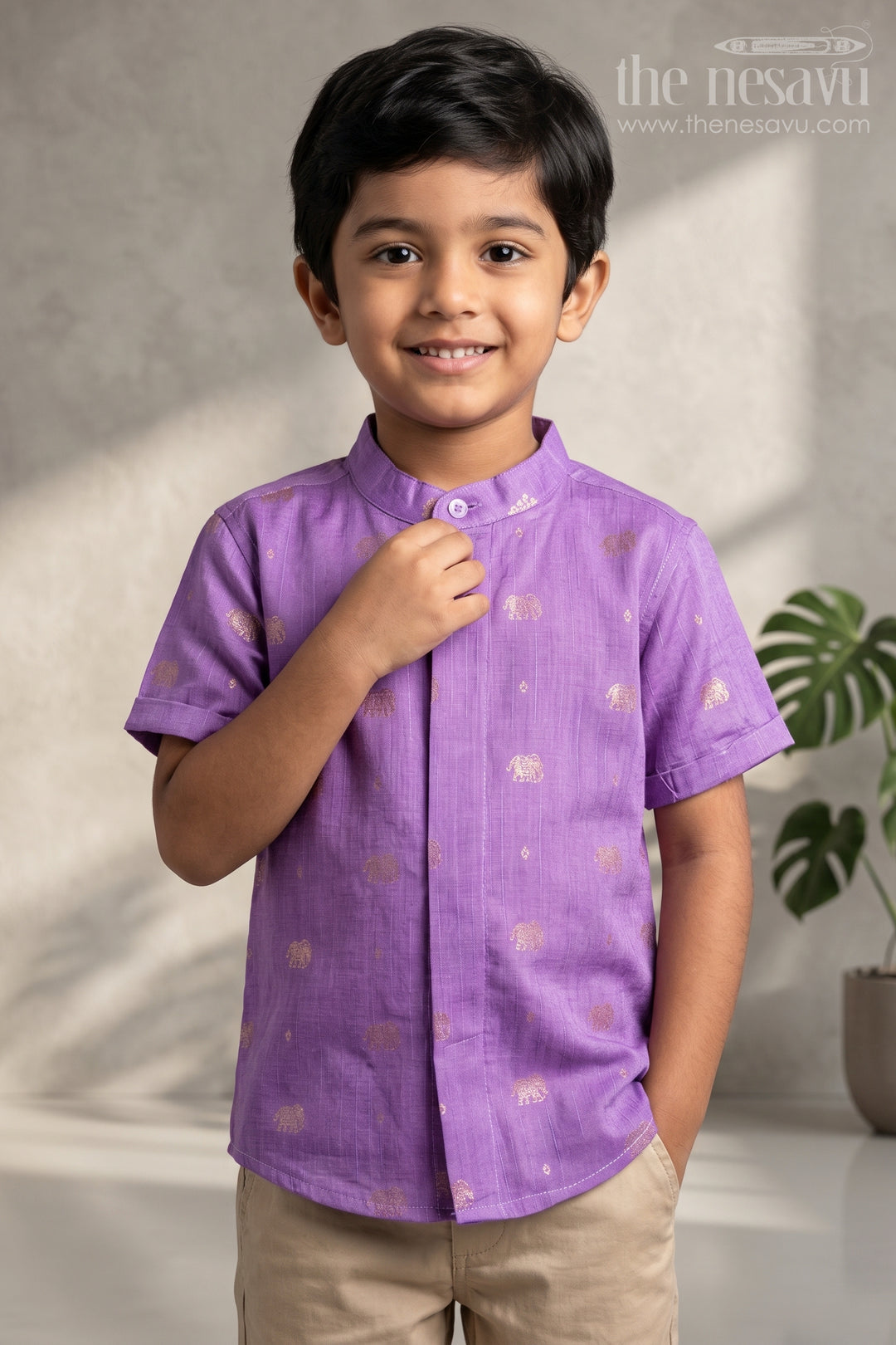 The Nesavu Boys Silk Shirt Boys Raw Silk Shirt for Festive Family Celebrations and Weddings Nesavu 16 (1Y) / Purple / Raw Silk BS502D-16 Nesavu Boys Raw Silk Shirt With Jacquard Elephant Butta For Weddings And Festive Occasions