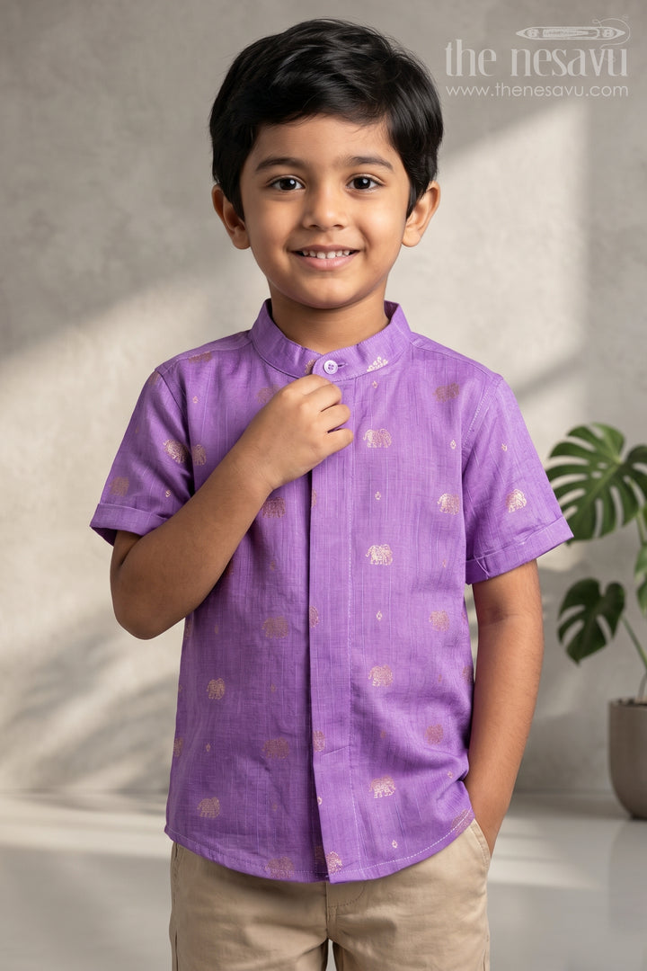 The Nesavu Boys Silk Shirt Boys Raw Silk Shirt for Festive Family Celebrations and Weddings Nesavu 16 (1Y) / Purple / Raw Silk BS502D-16 Nesavu Boys Raw Silk Shirt With Jacquard Elephant Butta For Weddings And Festive Occasions