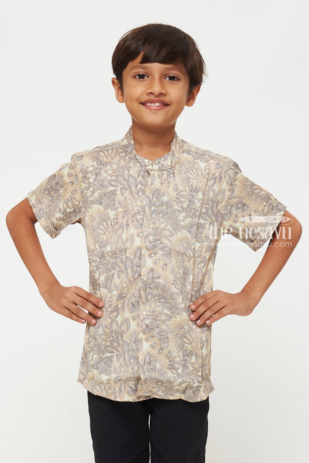 The Nesavu Boys Cotton Shirt Boys Rayon Shirt with Brown and Beige Leaf Pattern - Stylish and Comfortable Nesavu Boys Rayon Shirt with Brown and Beige Leaf Pattern | Stylish and Comfortable | The Nesavu