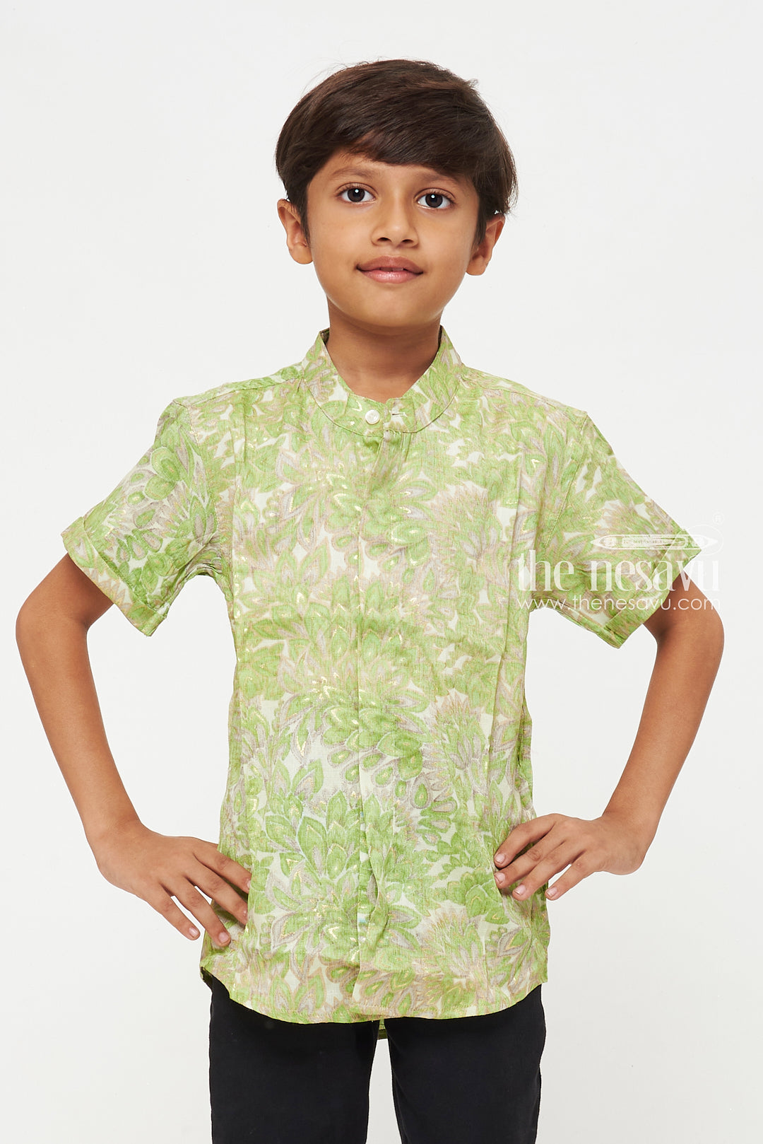 The Nesavu Boys Cotton Shirt Boys Rayon Shirt with Green Floral Pattern - Stylish and Comfortable Nesavu Boys Rayon Shirt with Green Floral Pattern | Stylish and Comfortable | The Nesavu