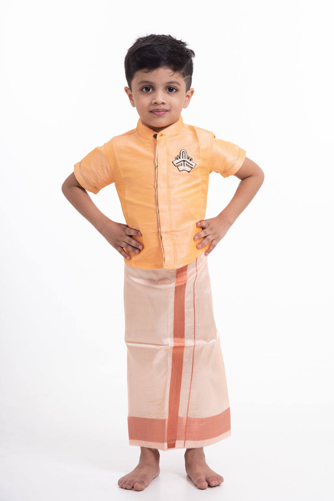 The Nesavu Boys Vesti Boys Readymade Silk Dhoti in Beige with Copper Stripes for Special Occasions Nesavu Buy Boys Silk Dhoti Online | The Nesavu