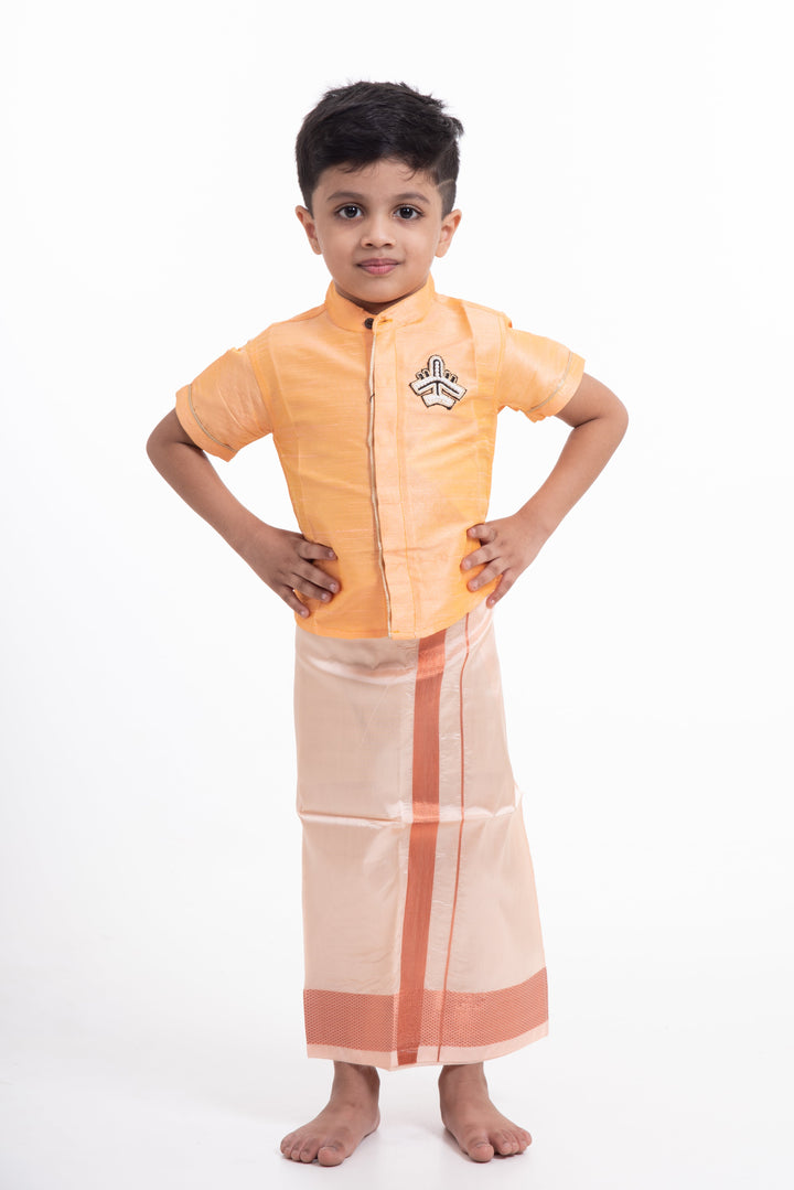 The Nesavu Boys Vesti Boys Readymade Silk Dhoti in Beige with Copper Stripes for Special Occasions Nesavu Buy Boys Silk Dhoti Online | The Nesavu