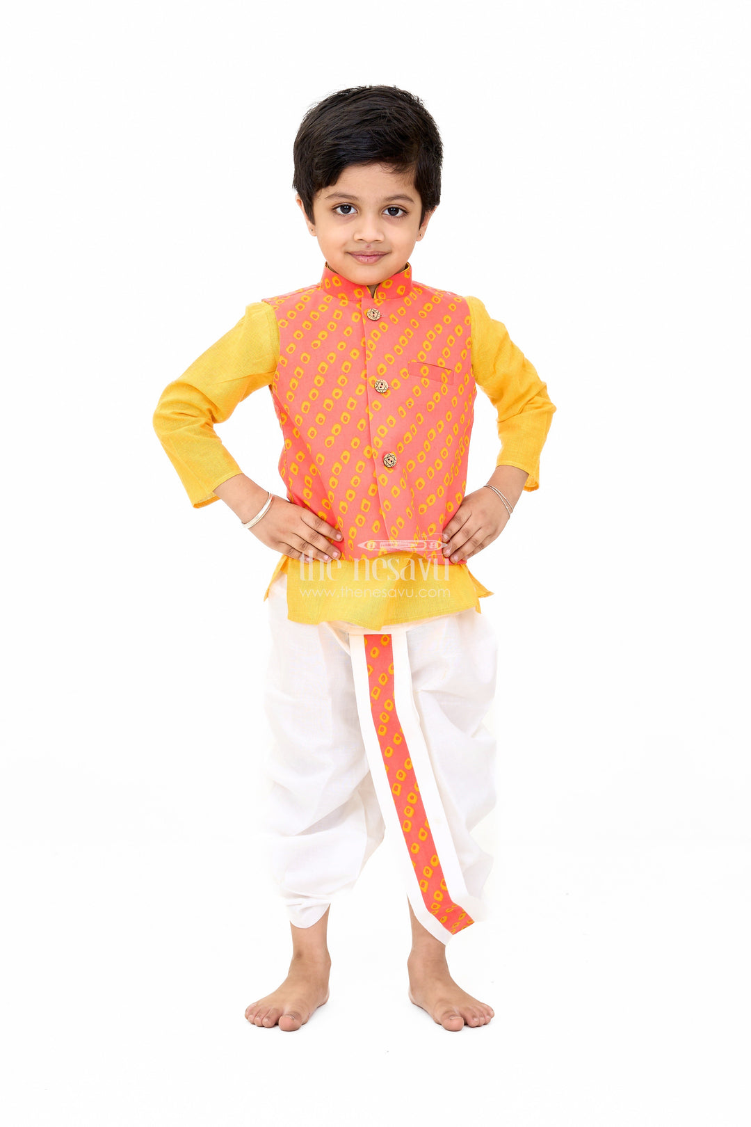 The Nesavu Boys Dothi Set Boys Red and Yellow Wedding Kurta Set with Embroidered Nehru Jacket and Traditional Dhoti Nesavu 12 (3M) / Yellow BES626A-12 Boys Red Yellow Wedding Kurta Set Embroidered Nehru Jacket Traditional Dhoti | The Nesavu