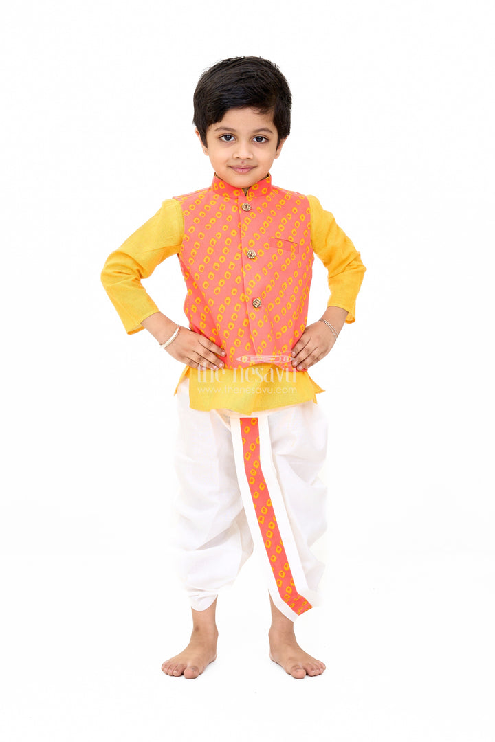The Nesavu Boys Dothi Set Boys Red and Yellow Wedding Kurta Set with Embroidered Nehru Jacket and Traditional Dhoti Nesavu 12 (3M) / Yellow BES626A-12 Boys Red Yellow Wedding Kurta Set Embroidered Nehru Jacket Traditional Dhoti | The Nesavu