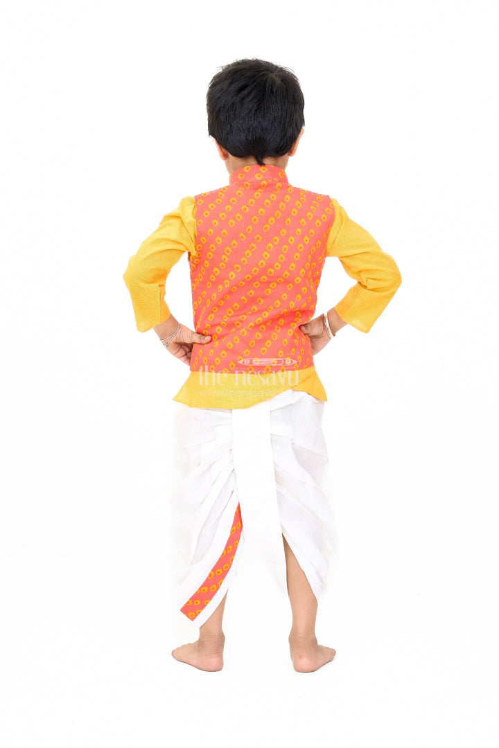 The Nesavu Boys Dothi Set Boys Red and Yellow Wedding Kurta Set with Embroidered Nehru Jacket and Traditional Dhoti Nesavu Boys Red Yellow Wedding Kurta Set Embroidered Nehru Jacket Traditional Dhoti | The Nesavu