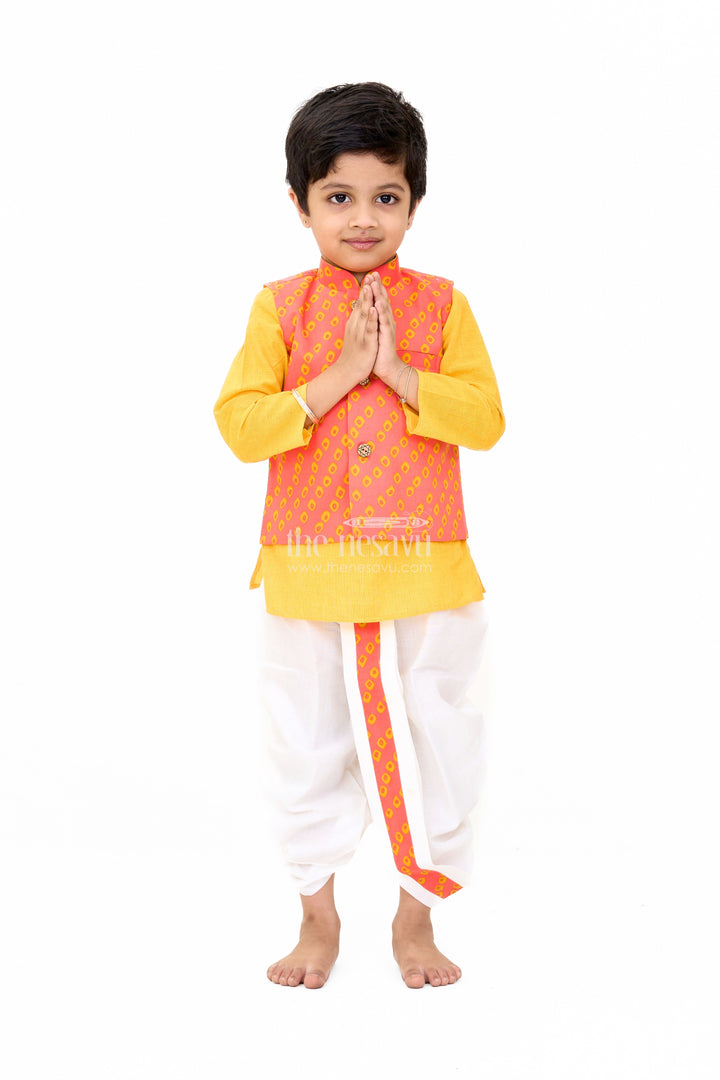 The Nesavu Boys Dothi Set Boys Red and Yellow Wedding Kurta Set with Embroidered Nehru Jacket and Traditional Dhoti Nesavu Boys Red Yellow Wedding Kurta Set Embroidered Nehru Jacket Traditional Dhoti | The Nesavu