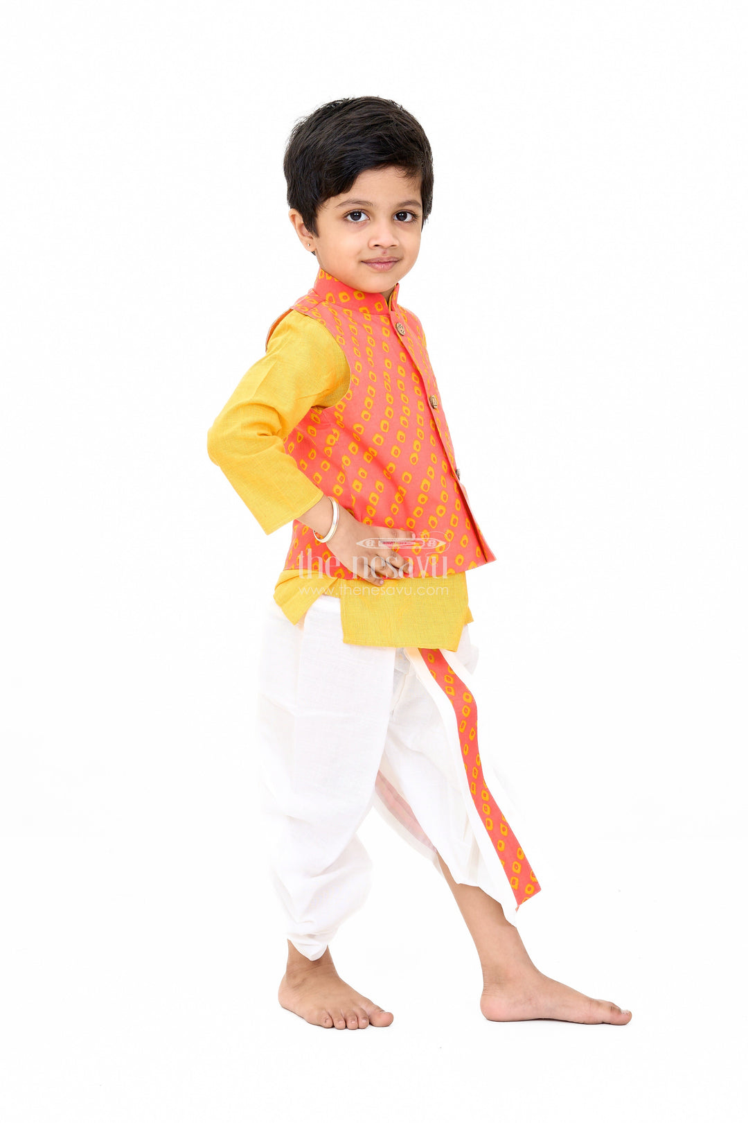 The Nesavu Boys Dothi Set Boys Red and Yellow Wedding Kurta Set with Embroidered Nehru Jacket and Traditional Dhoti Nesavu Boys Red Yellow Wedding Kurta Set Embroidered Nehru Jacket Traditional Dhoti | The Nesavu