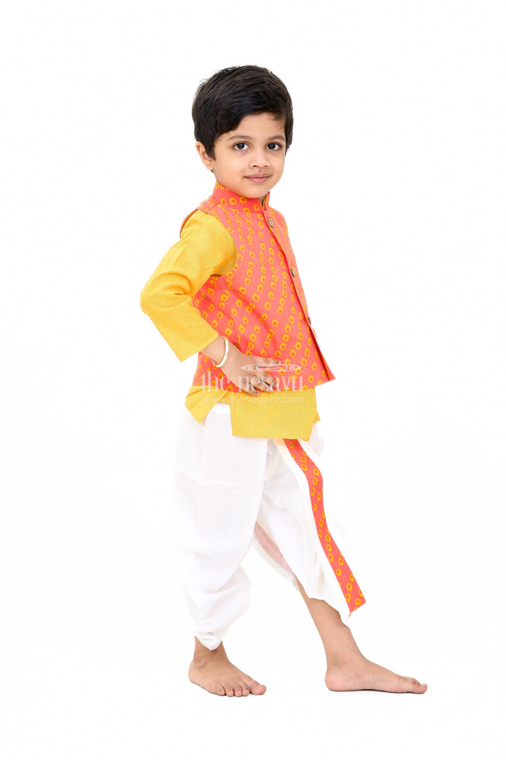 The Nesavu Boys Dothi Set Boys Red and Yellow Wedding Kurta Set with Embroidered Nehru Jacket and Traditional Dhoti Nesavu Boys Red Yellow Wedding Kurta Set Embroidered Nehru Jacket Traditional Dhoti | The Nesavu
