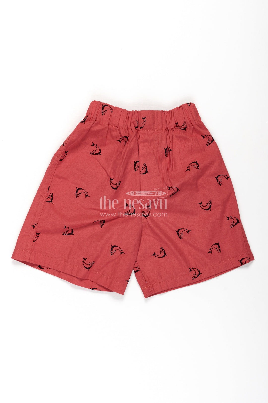 The Nesavu Boys Shorts Boys Red Cotton Printed Shorts with Shark Motif All Over Digital Print and Soft Fit Waist Nesavu 18 (2Y) / Pink BWS034A-18 Nesavu Boys Red Cotton Printed Shorts Shark Motif All Over Digital Comfort Fit