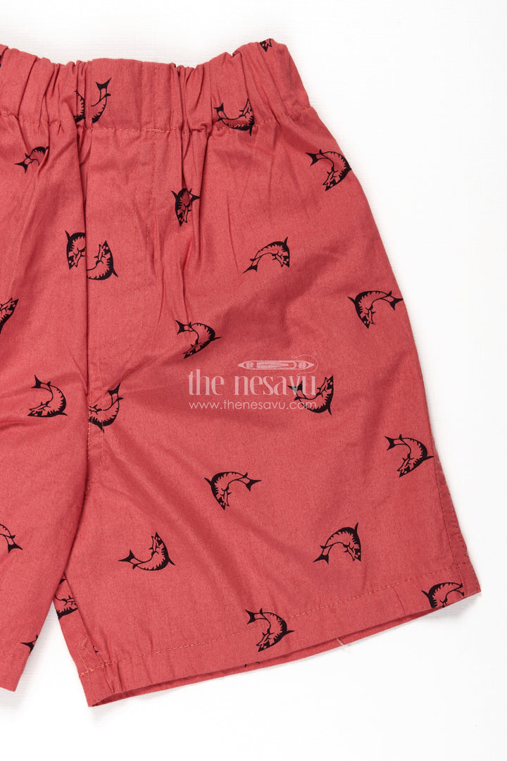 The Nesavu Boys Shorts Boys Red Cotton Printed Shorts with Shark Motif All Over Digital Print and Soft Fit Waist Nesavu Nesavu Boys Red Cotton Printed Shorts Shark Motif All Over Digital Comfort Fit