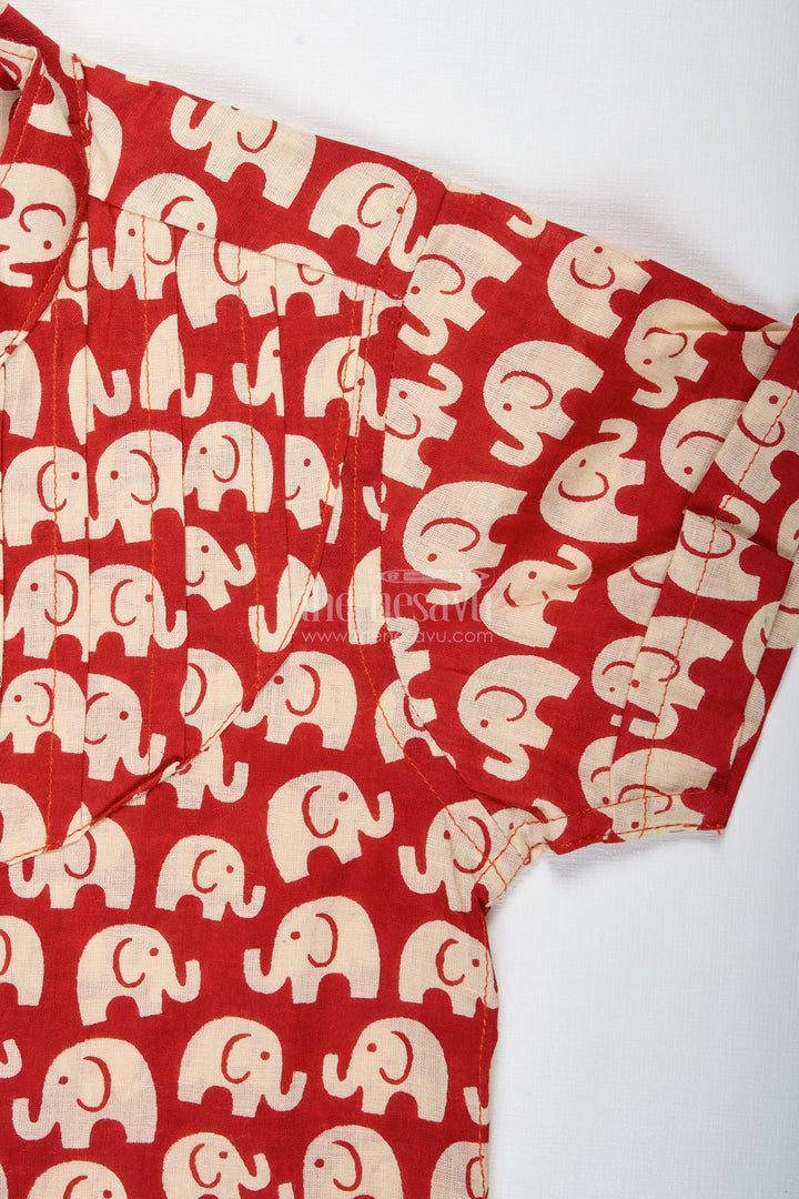 The Nesavu Boys Cotton Shirt Boys Red Cotton Shirt with Elephant Block Print for Festive Occasions Nesavu Nesavu Boys Red Cotton Shirt Elephant Print Ethnic Casual Outfit Kids