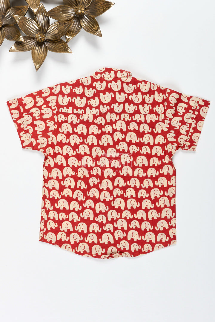 The Nesavu Boys Cotton Shirt Boys Red Cotton Shirt with Elephant Block Print for Festive Occasions Nesavu Nesavu Boys Red Cotton Shirt Elephant Print Ethnic Casual Outfit Kids