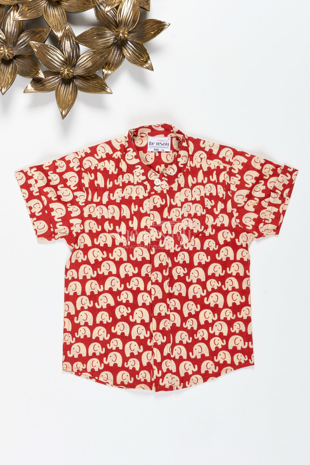 The Nesavu Boys Cotton Shirt Boys Red Cotton Shirt with Elephant Block Print for Festive Occasions Nesavu Nesavu Boys Red Cotton Shirt Elephant Print Ethnic Casual Outfit Kids