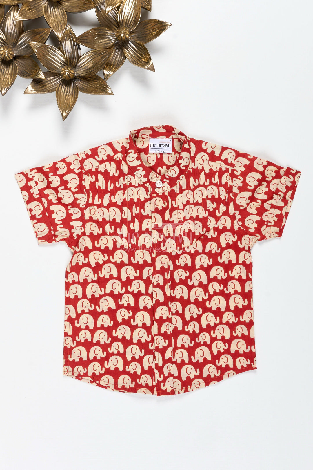 The Nesavu Boys Cotton Shirt Boys Red Cotton Shirt with Elephant Block Print for Festive Occasions Nesavu Nesavu Boys Red Cotton Shirt Elephant Print Ethnic Casual Outfit Kids