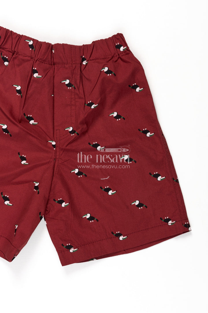 The Nesavu Boys Shorts Boys Red Cotton White Cycling Shorts with Toucan Bird Print and Soft Fit for Casual Comfort Nesavu Nesavu Boys Red Cotton White Cycling Shorts Toucan Print Soft Elastic Fit Active Days