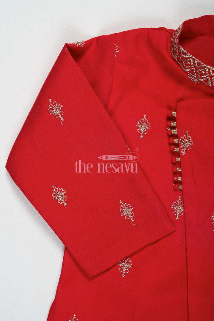 The Nesavu Boys Dothi Set Boys Red Dothi Dress with Semi-Silk Banarasi Buttis and Beige Dhoti Nesavu Nesavu Boys Red Dothi Dress Semi-Silk Banarasi Buttis Beige Dhoti