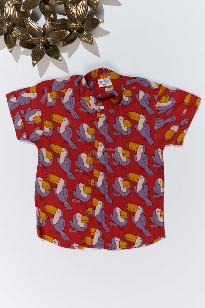 The Nesavu Boys Cotton Shirt Boys Red Printed Shirt Half Sleeve in Soft Rayon with Playful Toucan Design Nesavu 16 (1Y) / Red BS240D-16 Boys Red Printed Shirt Half Sleeve Soft Rayon Playful Toucan Print | The Nesavu