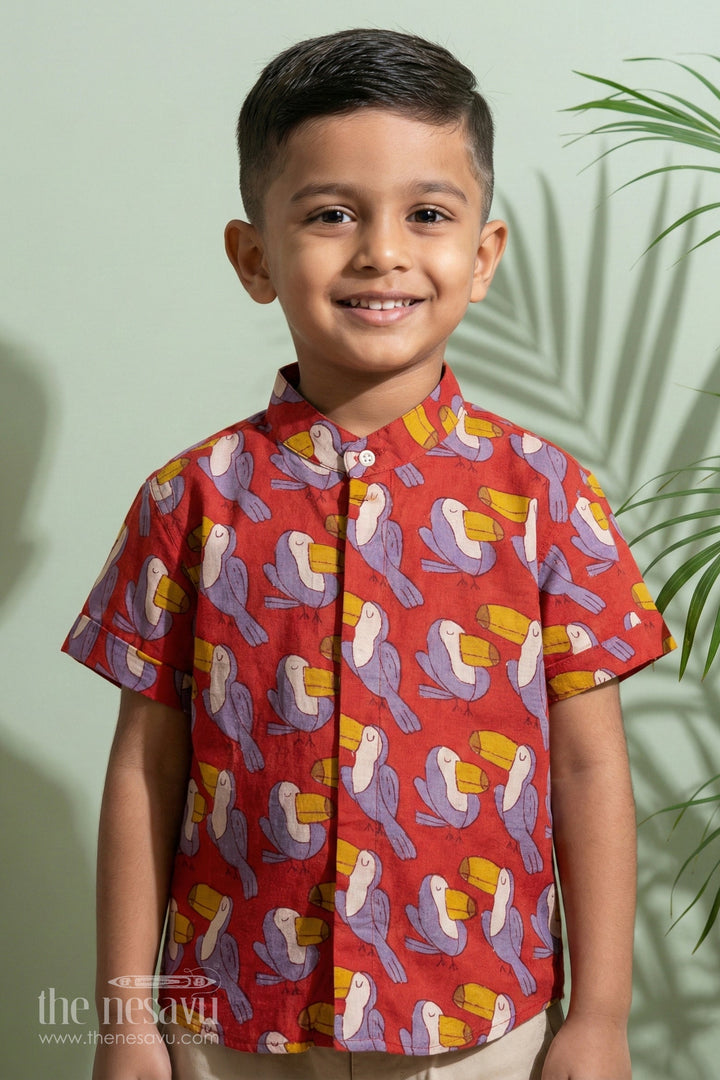 The Nesavu Boys Cotton Shirt Boys Red Printed Shirt Half Sleeve in Soft Rayon with Playful Toucan Design Nesavu 16 (1Y) / Red BS240D-16 Boys Red Printed Shirt Half Sleeve Soft Rayon Playful Toucan Print | The Nesavu