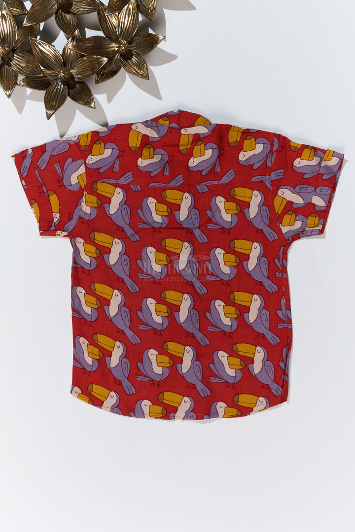 The Nesavu Boys Cotton Shirt Boys Red Printed Shirt Half Sleeve in Soft Rayon with Playful Toucan Design Nesavu Boys Red Printed Shirt Half Sleeve Soft Rayon Playful Toucan Print | The Nesavu
