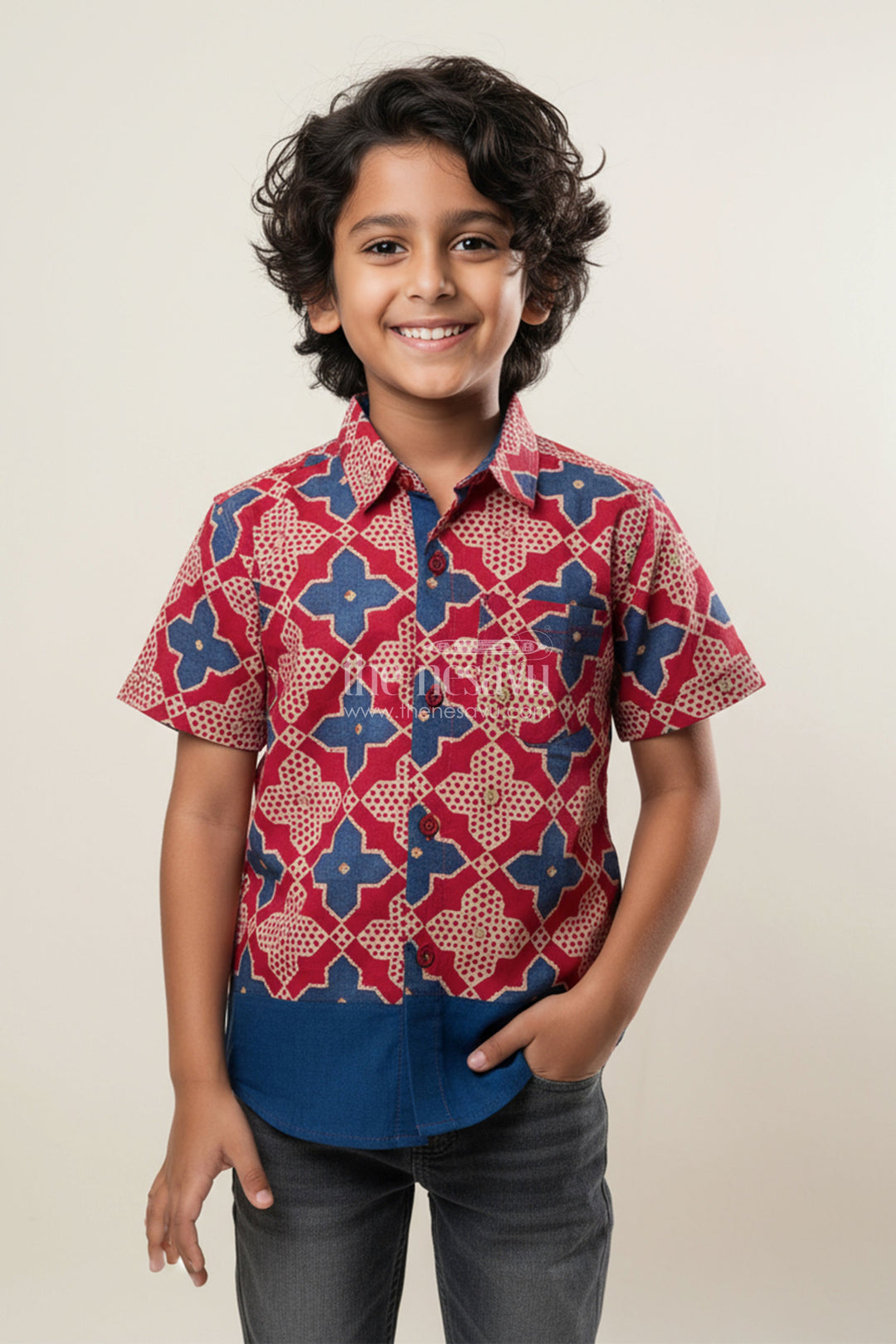 The Nesavu Boys Cotton Shirt Boys Red Printed Shirt in Viscose Modal Silk for Festive Wear Nesavu 16 (1Y) / Red BS315A-16 Nesavu Boys Red Modal Silk Printed Shirt Ethnic Festive Shirt Contrast Border Celebrations
