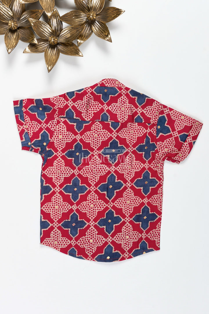 The Nesavu Boys Cotton Shirt Boys Red Printed Shirt in Viscose Modal Silk for Festive Wear Nesavu Nesavu Boys Red Modal Silk Printed Shirt Ethnic Festive Shirt Contrast Border Celebrations