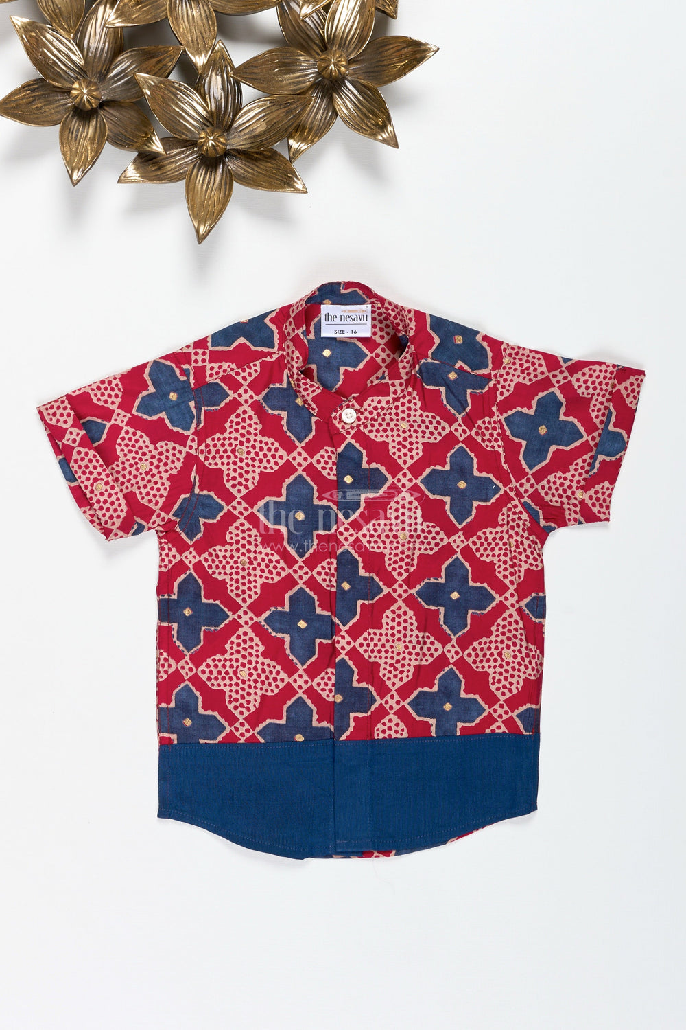 The Nesavu Boys Cotton Shirt Boys Red Printed Shirt in Viscose Modal Silk for Festive Wear Nesavu Nesavu Boys Red Modal Silk Printed Shirt Ethnic Festive Shirt Contrast Border Celebrations