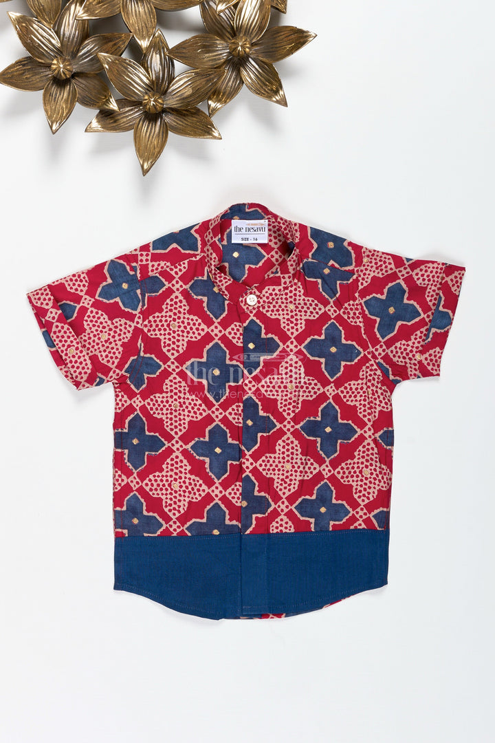 The Nesavu Boys Cotton Shirt Boys Red Printed Shirt in Viscose Modal Silk for Festive Wear Nesavu Nesavu Boys Red Modal Silk Printed Shirt Ethnic Festive Shirt Contrast Border Celebrations