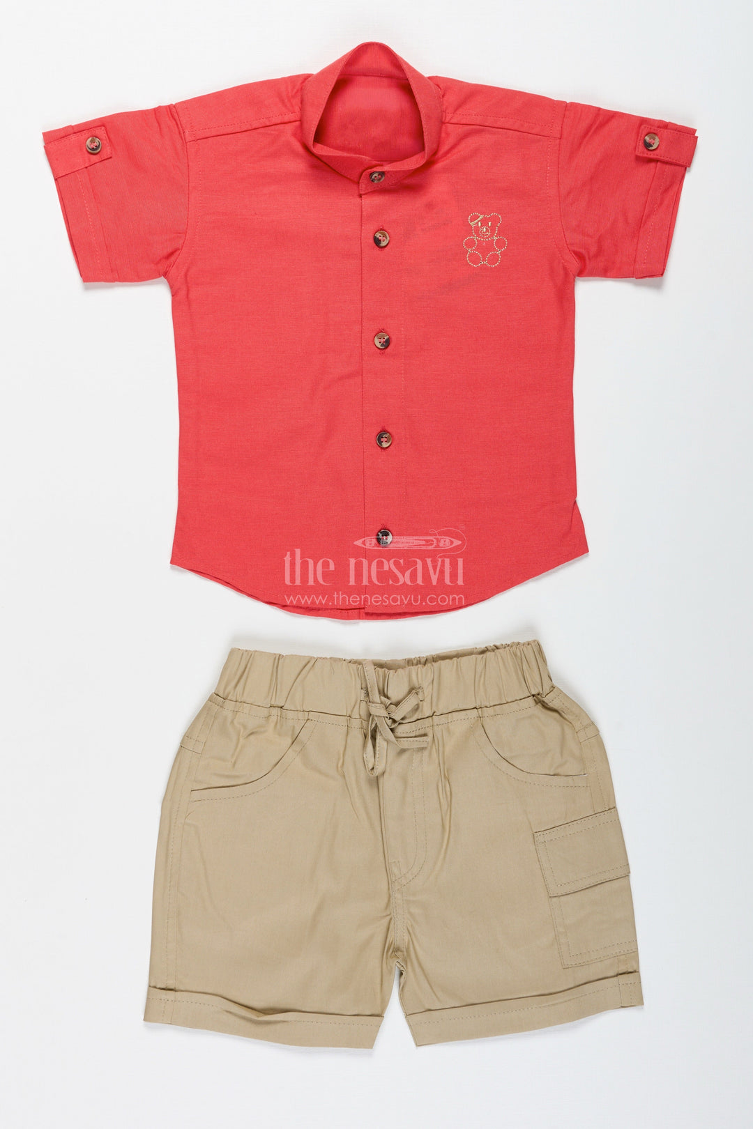 The Nesavu Boys Casual Set Boys Red Shirt and Olive Shorts Cotton Casual Set Nesavu 14 (6M) / Red BCS371A-14 Nesavu Boys Red Cotton Shirt Olive Shorts Set Everyday Casual Wear Outings