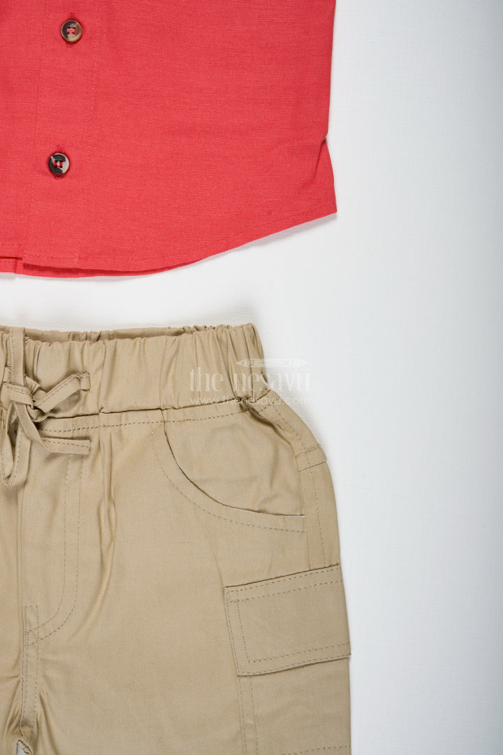 The Nesavu Boys Casual Set Boys Red Shirt and Olive Shorts Cotton Casual Set Nesavu Nesavu Boys Red Cotton Shirt Olive Shorts Set Everyday Casual Wear Outings