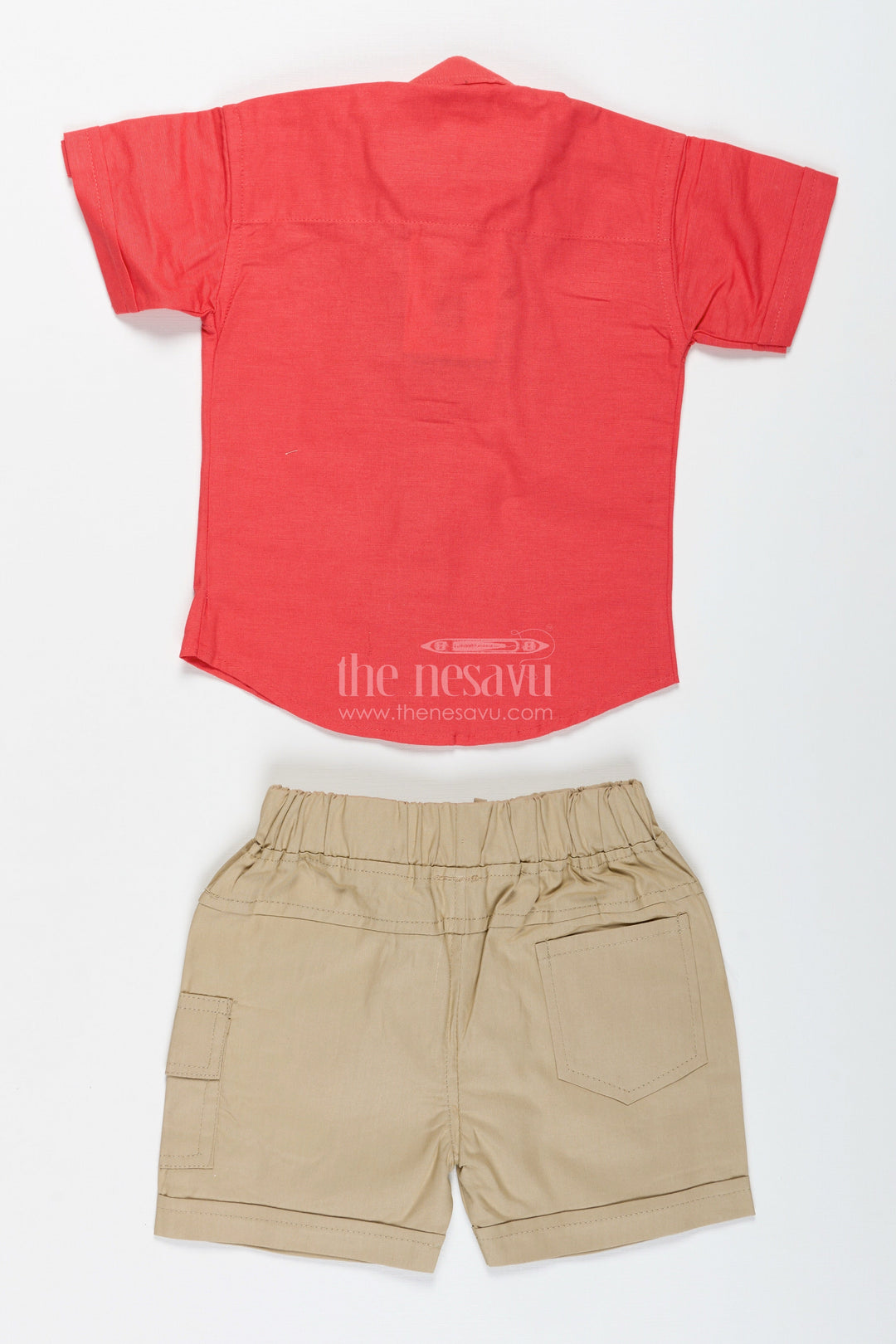 The Nesavu Boys Casual Set Boys Red Shirt and Olive Shorts Cotton Casual Set Nesavu Nesavu Boys Red Cotton Shirt Olive Shorts Set Everyday Casual Wear Outings