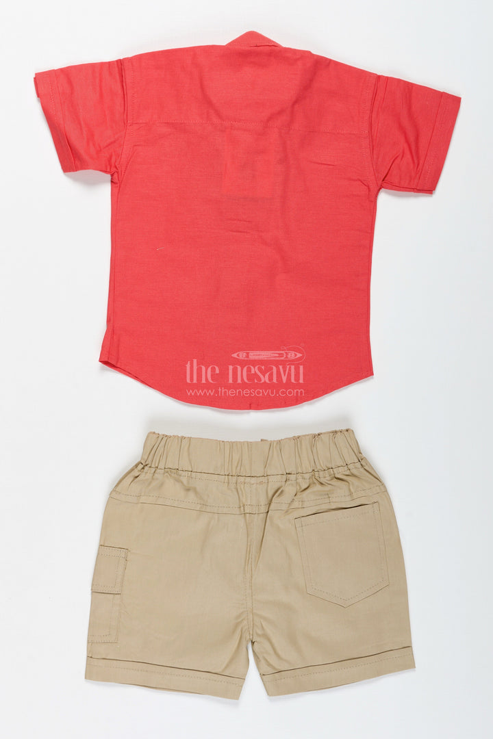 The Nesavu Boys Casual Set Boys Red Shirt and Olive Shorts Cotton Casual Set Nesavu Nesavu Boys Red Cotton Shirt Olive Shorts Set Everyday Casual Wear Outings