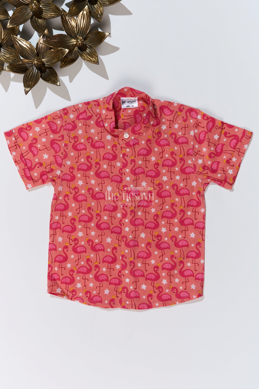 The Nesavu Boys Cotton Shirt Boys Red Shirt Half Sleeve in Cotton Block Print with Flamingo Pattern Nesavu 16 (1Y) / Orange BS243B-16 Nesavu Boys Red Shirt Half Sleeve Cotton Block Print Flamingo Design