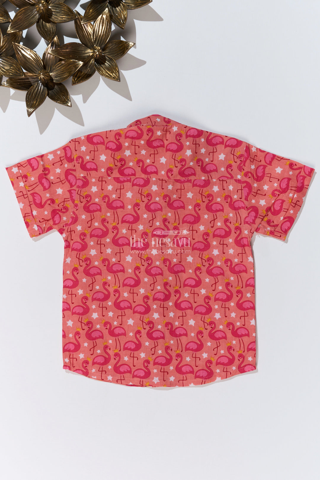 The Nesavu Boys Cotton Shirt Boys Red Shirt Half Sleeve in Cotton Block Print with Flamingo Pattern Nesavu Boys Red Shirt Half Sleeve Cotton Block Print Flamingo Design | The Nesavu