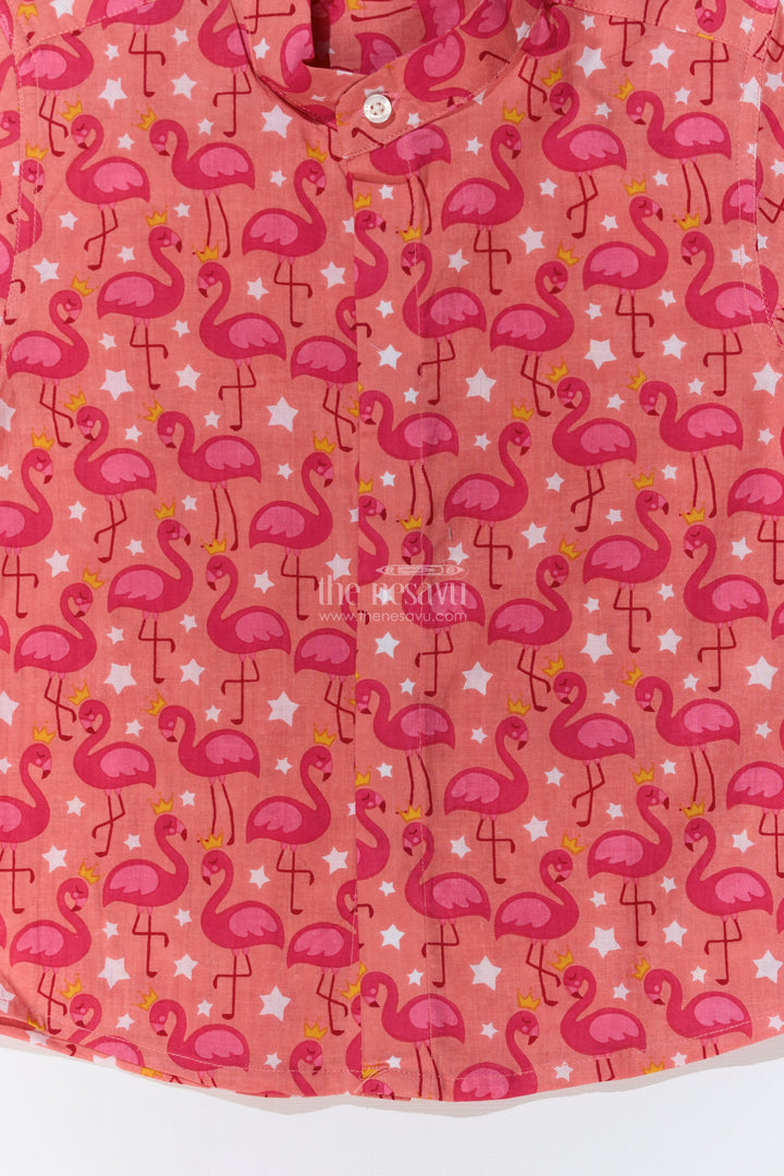 The Nesavu Boys Cotton Shirt Boys Red Shirt Half Sleeve in Cotton Block Print with Flamingo Pattern Nesavu Boys Red Shirt Half Sleeve Cotton Block Print Flamingo Design | The Nesavu