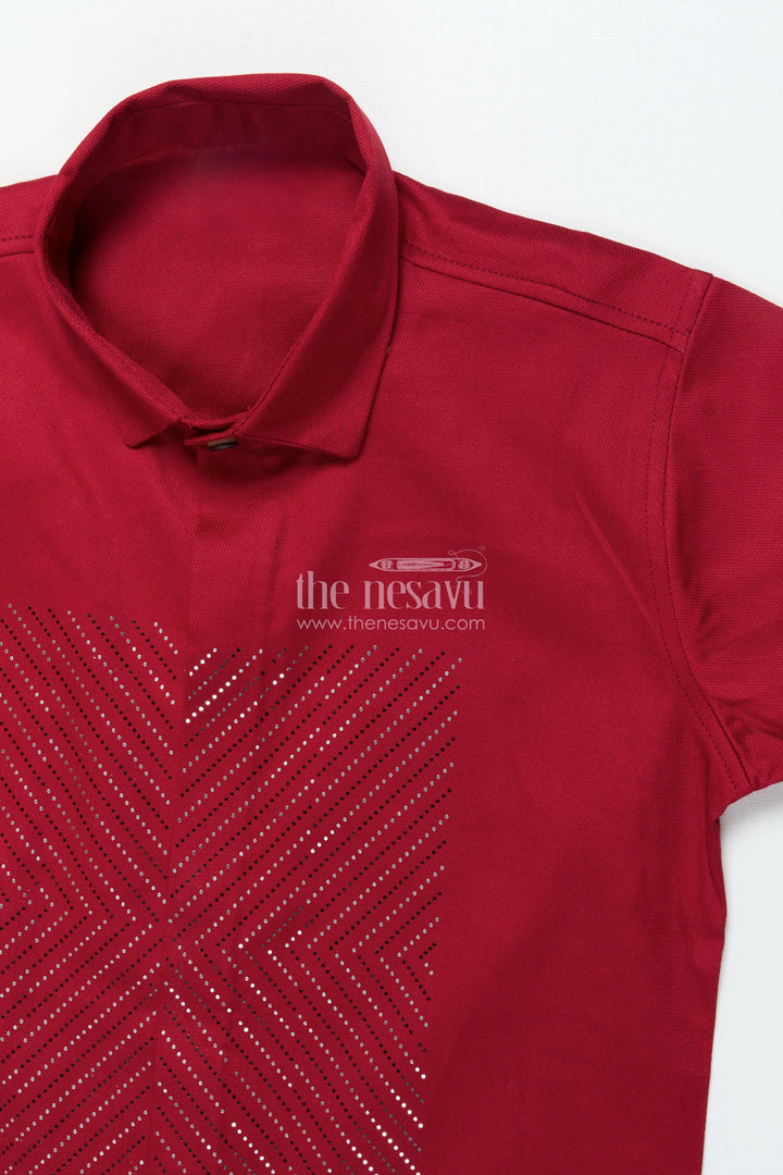 The Nesavu Boys Cotton Shirt Boys Red Shirt with Designer Foil Print Cotton Blend Festive Shirt Nesavu Boys red festive shirt foil print premium cotton blend party shirt