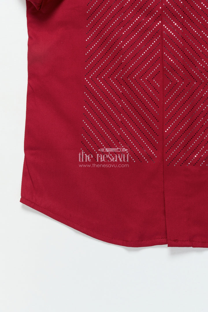 The Nesavu Boys Cotton Shirt Boys Red Shirt with Designer Foil Print Cotton Blend Festive Shirt Nesavu Boys red festive shirt foil print premium cotton blend party shirt